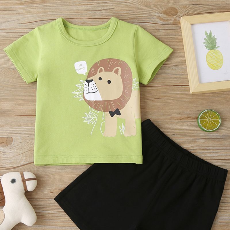 Bebis Pojkar Casual T-shirt Med Tecknad Lejontryck Och Solida Shorts