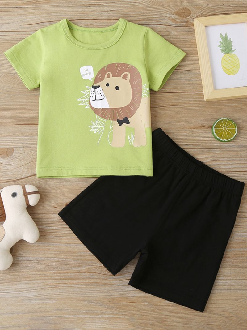 Bebis Pojkar Casual T-shirt Med Tecknad Lejontryck Och Solida Shorts