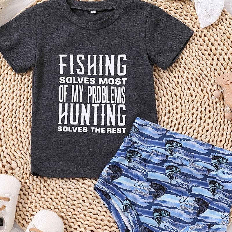 Flickor Causal Fishing Print T-shirt & Fish Shorts & Bow Head Tie Rope