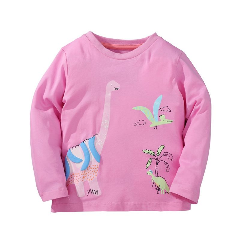 Flickor Långärmad T-shirt Dinosaurietryck Rosa Rund Hals Topp