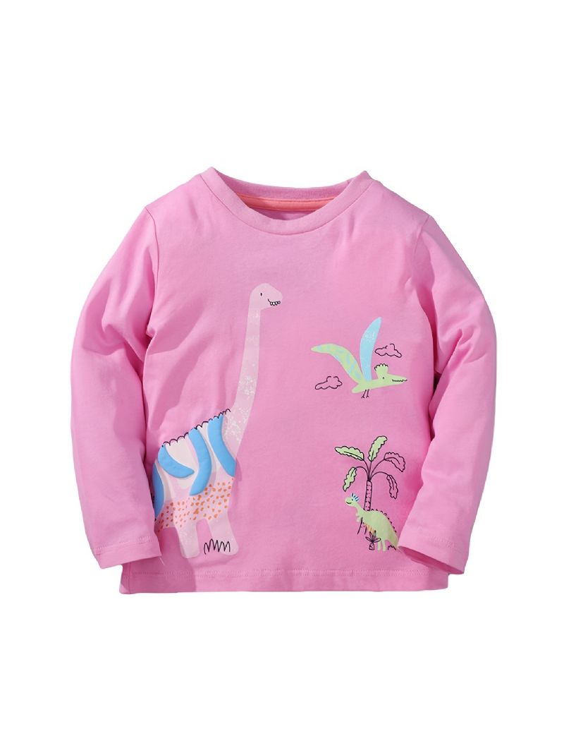 Flickor Långärmad T-shirt Dinosaurietryck Rosa Rund Hals Topp