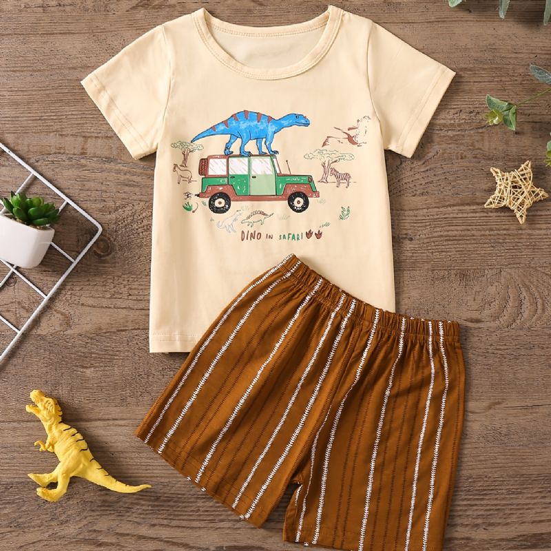 Pojkar Casual Pyjamas Set Med Cartoon Bil Dinosaur Print T-shirt & Randiga Shorts För Hemmet