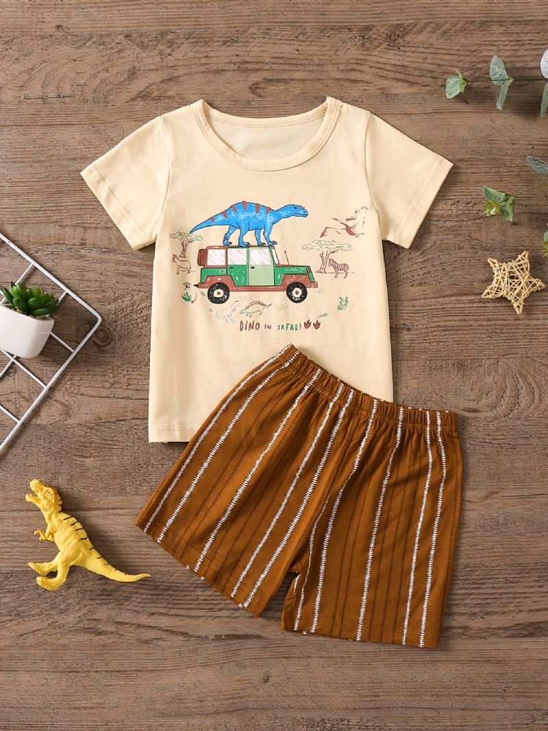 Pojkar Casual Pyjamas Set Med Cartoon Bil Dinosaur Print T-shirt & Randiga Shorts För Hemmet