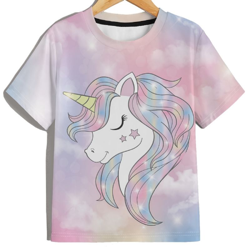 T-shirt Med Rund Hals För Flickor Casual Unicorn Mönster Tee Barnkläder