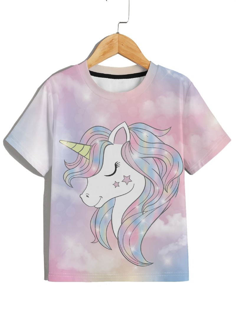 T-shirt Med Rund Hals För Flickor Casual Unicorn Mönster Tee Barnkläder