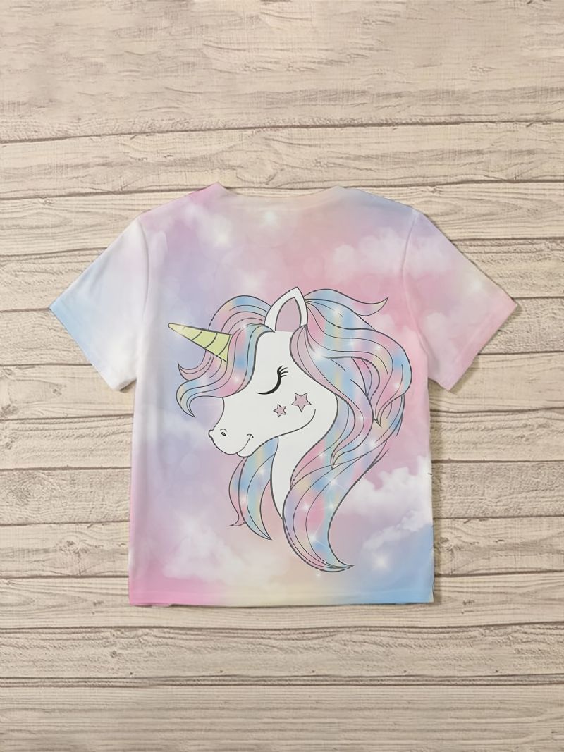 T-shirt Med Rund Hals För Flickor Casual Unicorn Mönster Tee Barnkläder