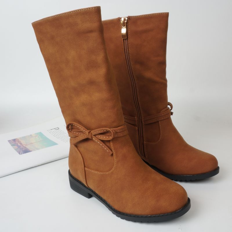 Småbarn Barn Flickor Slouchy Låg Klack Knähög Sido Zip Boots Med Rosett