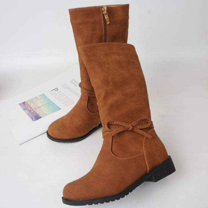 Småbarn Barn Flickor Slouchy Låg Klack Knähög Sido Zip Boots Med Rosett