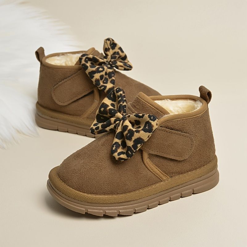 Snöskor För Flickor Mjuksulor Fleece High Top Skor Med Leopard Rosett Dekor För Vintern