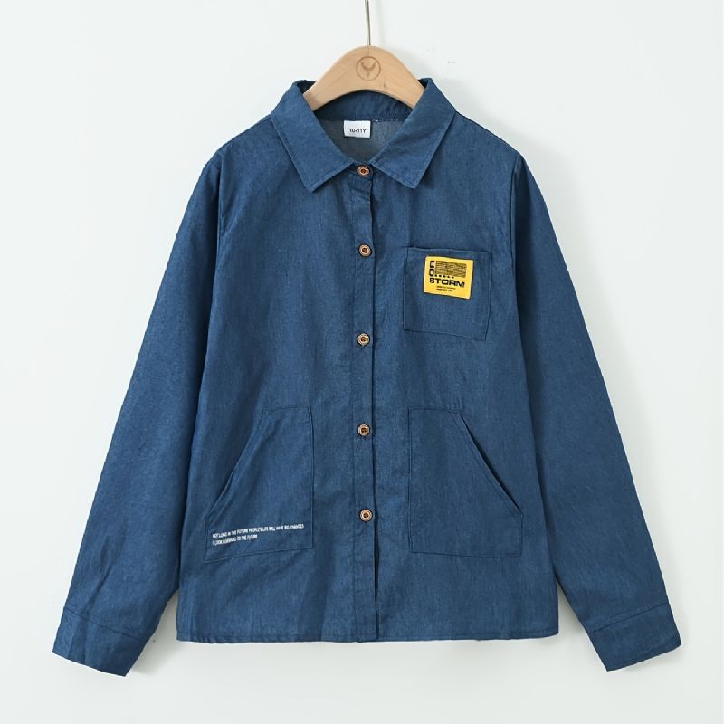 Barn Pojkar Shirt Långärmad Button Down Pocket Denim Blus