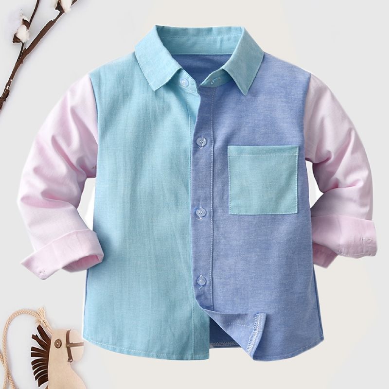 Pojkar Långärmad Colorblock Button-up Skjorta Barnkläder