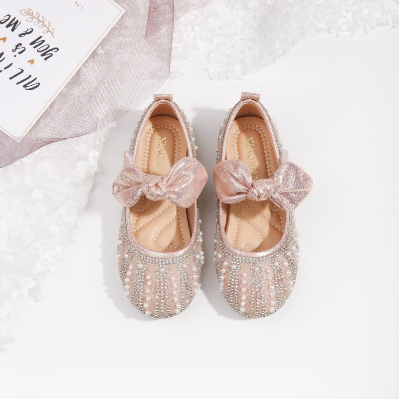 Flickor Elegant Rosett Mary Jane Skor Med Faux Pearl Rhinestone Flat Sula Princess För Bröllopsfest Performance