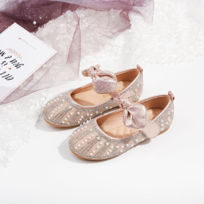 Flickor Elegant Rosett Mary Jane Skor Med Faux Pearl Rhinestone Flat Sula Princess För Bröllopsfest Performance