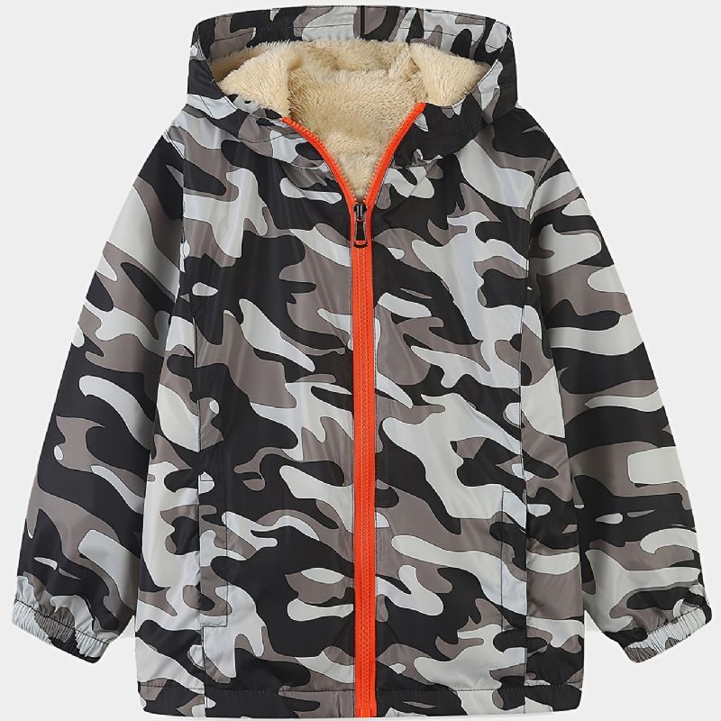 1st Pojkar Casual Camouflage Print Dragkedja Huvjacka Cardigan Krage Termisk Fleecejacka För Vinter