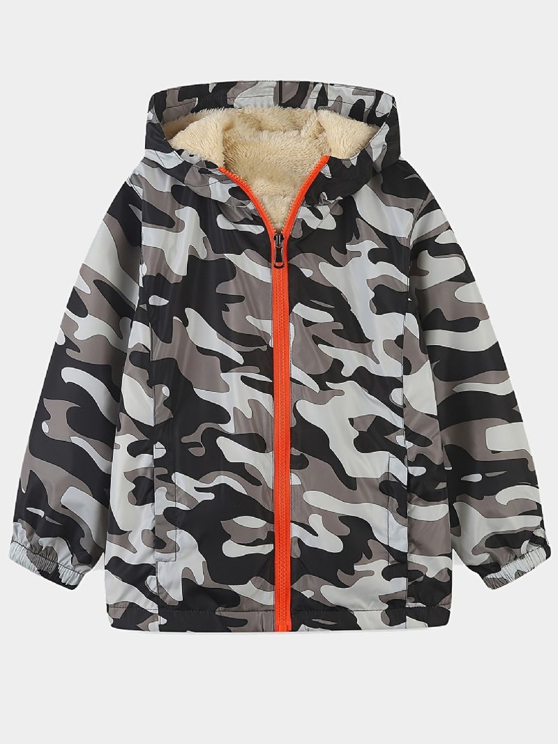 1st Pojkar Casual Camouflage Print Dragkedja Huvjacka Cardigan Krage Termisk Fleecejacka För Vinter