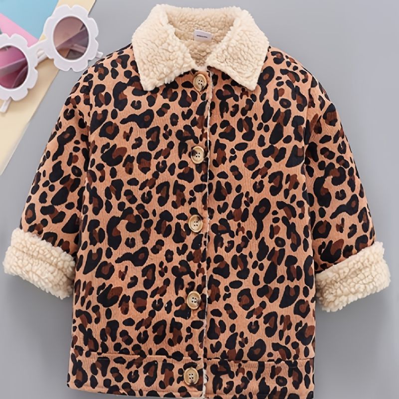 Barn Pojkar Jacka Leopard Knapp Fleece Förtjockad Varm Kappa Vinter Barnkläder