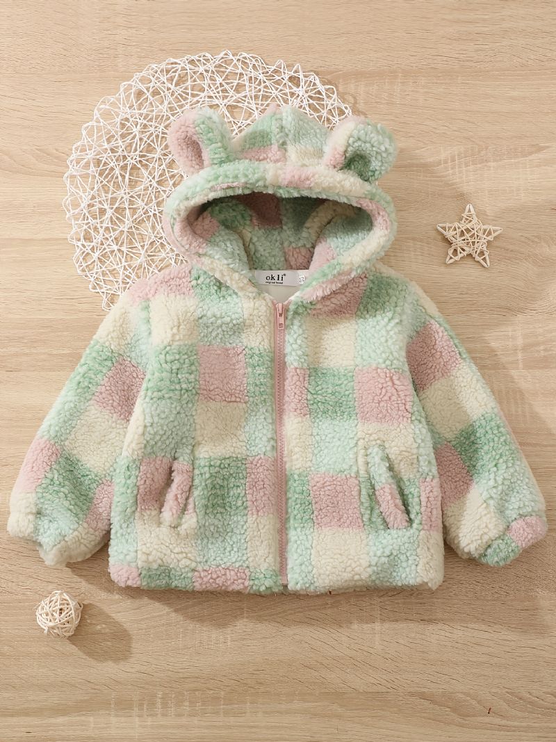 Bebis Flickor Polar Fleece Bear Ears Jacka Rutig Dragkedja Plysch Varm Huva Kappa Barnkläder