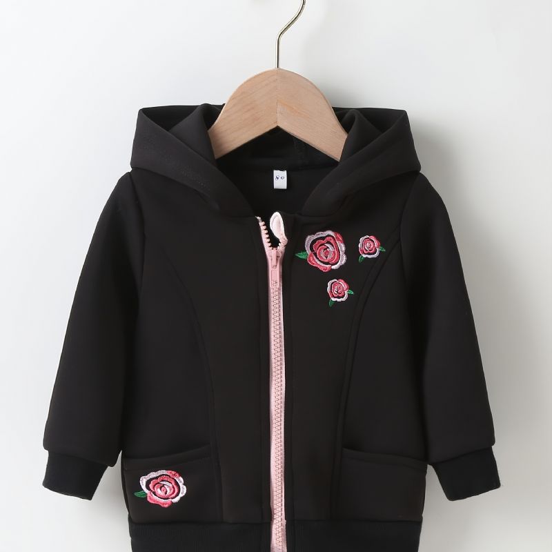 Höst & Vinter Bebis Flickor Mode Blomma Broderi Långärmad Hooded Zipper Kappa