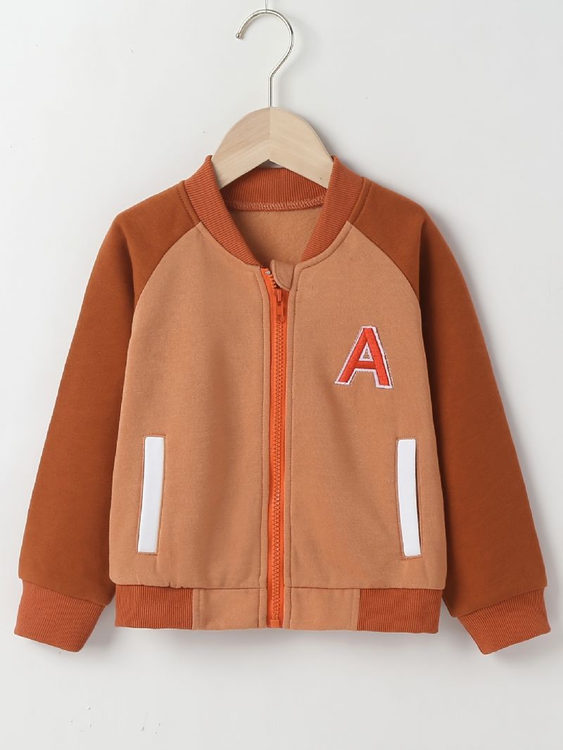 Pojkar Color Block Jacka Brevbroderi Långärmad Dragkedja Fleece Varm Baseballrock Barnkläder