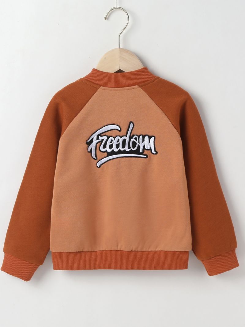 Pojkar Color Block Jacka Brevbroderi Långärmad Dragkedja Fleece Varm Baseballrock Barnkläder