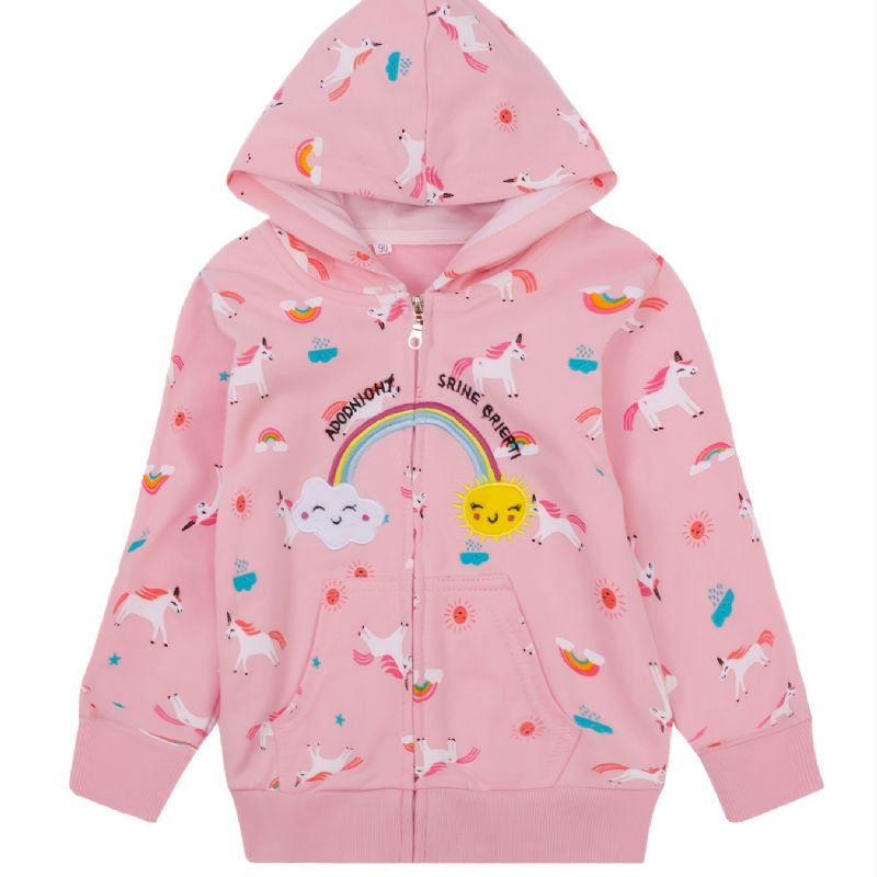 Popshion Toddler Flickor Rainbow Sun Unicorn Varm Hooded Zipper Kappa