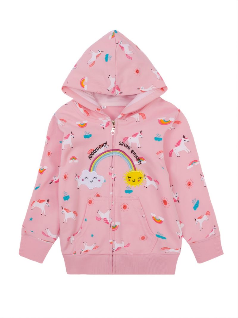 Popshion Toddler Flickor Rainbow Sun Unicorn Varm Hooded Zipper Kappa