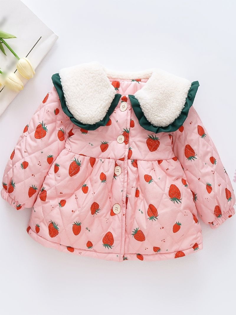 Småbarn Bebis Flickor Fleece Varm Puffer Kappa Strawberry Print Button Lapel Jacka