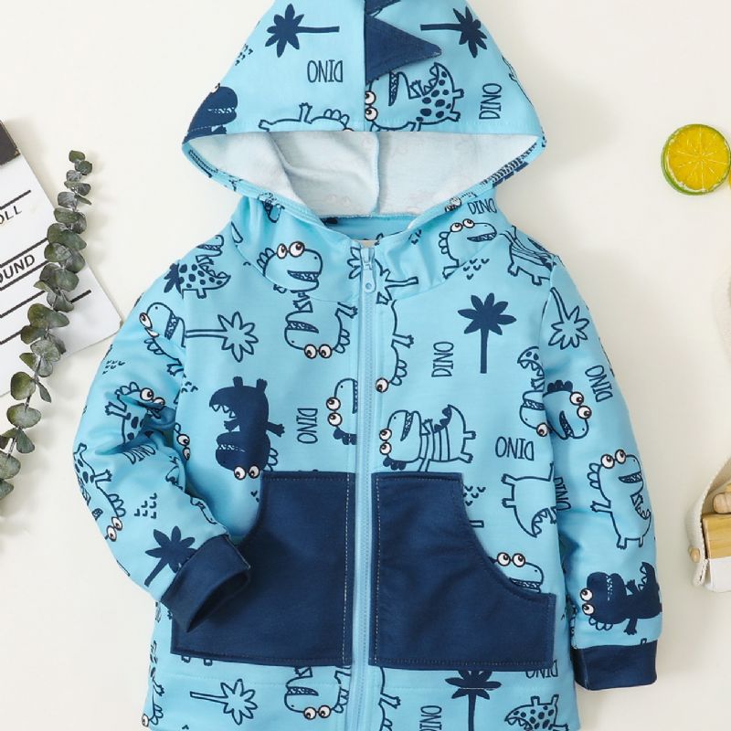 Småbarn Pojkar Dinosaur Print Jacka Långärmad Dragkedja Hooded Kappa Med Ficka