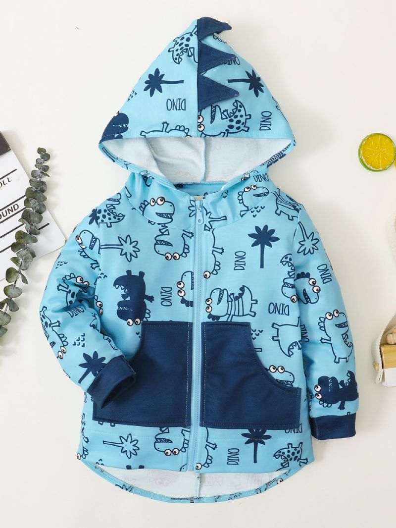 Småbarn Pojkar Dinosaur Print Jacka Långärmad Dragkedja Hooded Kappa Med Ficka