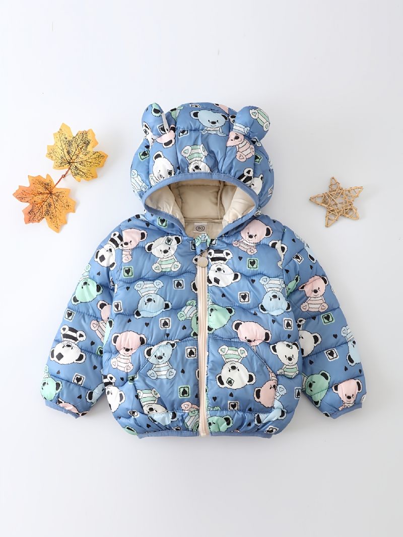 Småbarn Pojkar Flickor Puffer Kappa Blue Bear Cartoon Print Dragkedja Huvjacka