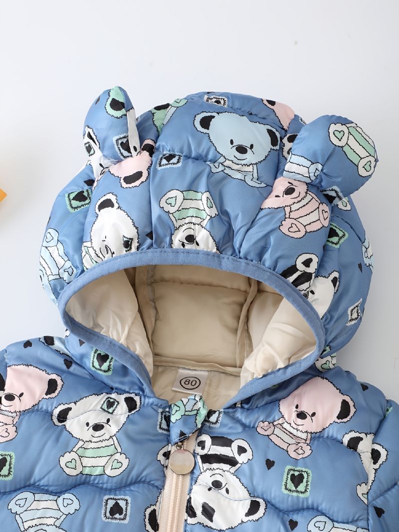 Småbarn Pojkar Flickor Puffer Kappa Blue Bear Cartoon Print Dragkedja Huvjacka