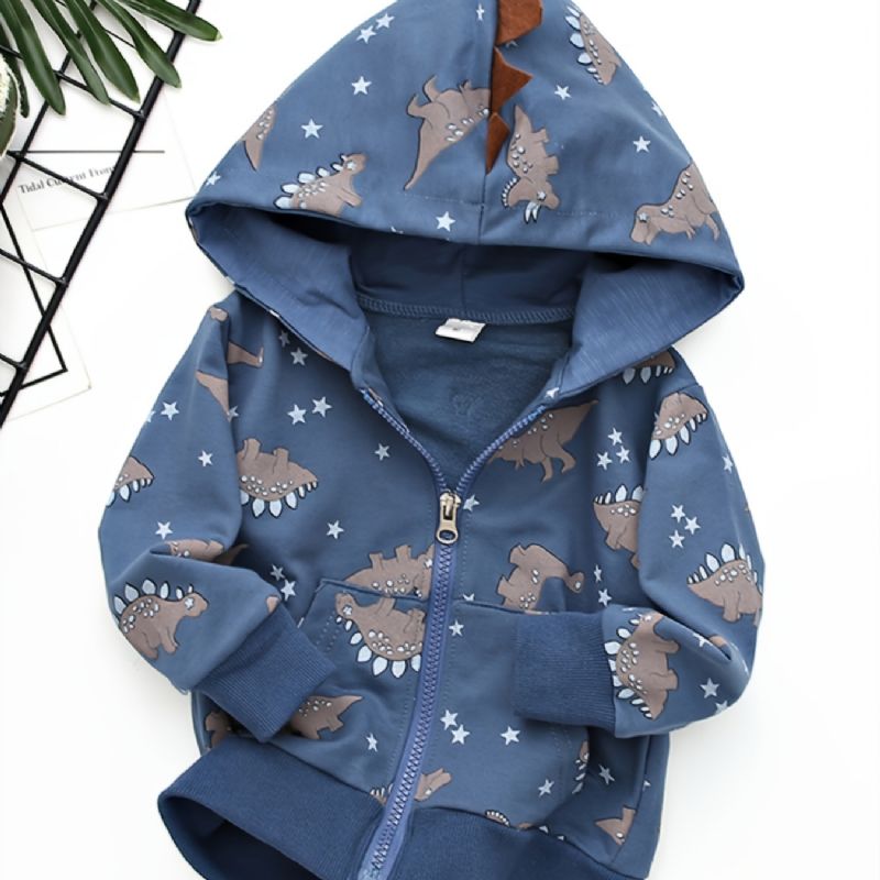 Småbarn Pojkar Söt Dinosaur Print Långärmad Hooded Zipper Jacka Höst Vinter