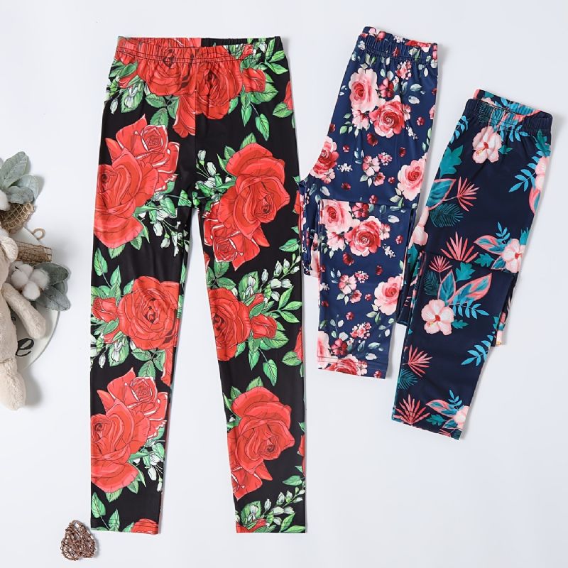 3st Flickor Casual Vintage Flower Print Leggings För Vintern