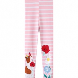 Bebis Flickor High Stretch Mjuka Leggings Randiga Animal Flower Brodery Byxor