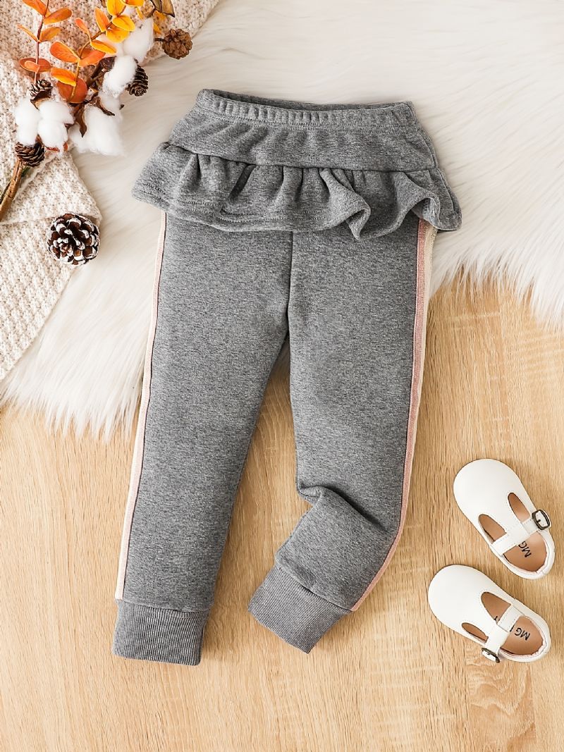 Fleece Ruffle Trim Leggings Byxor Tjocka Varma Barnkläder För Vintern