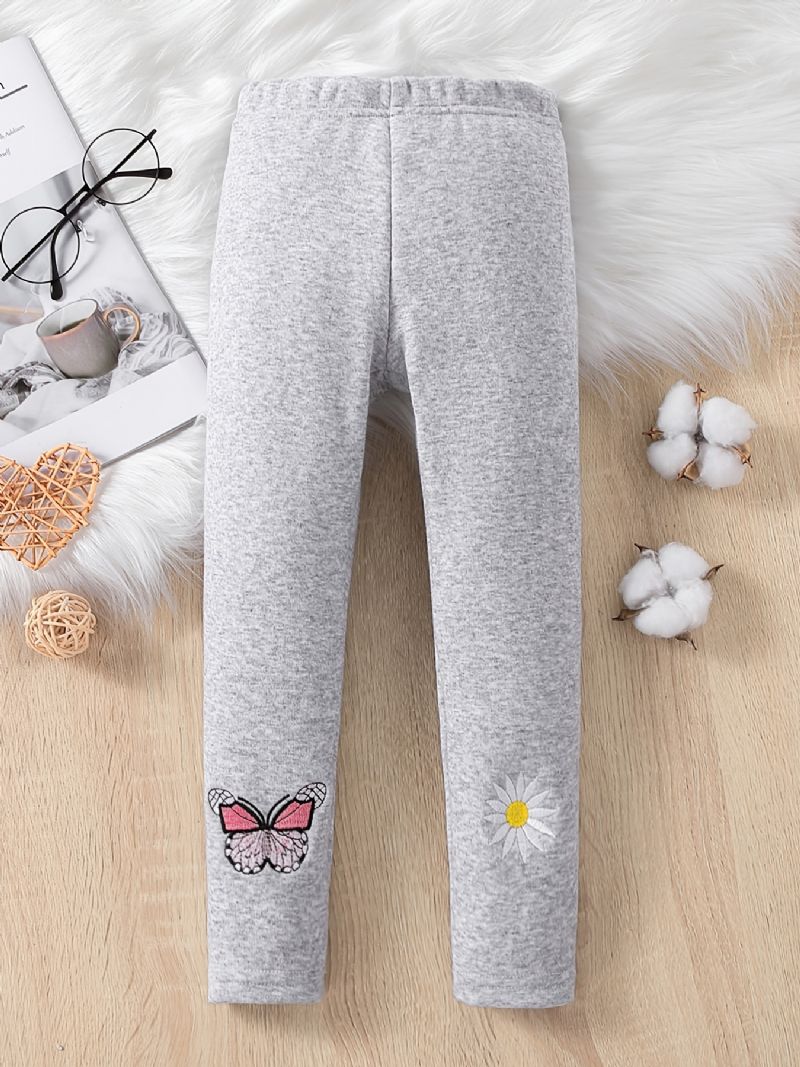 Flickor Hög Stretch Mjuka Leggings Fleece Varm Fjärilsblomma Broderade Byxor Barnkläder