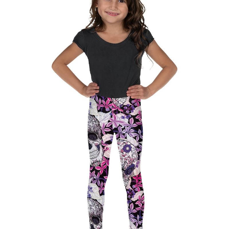 High Stretch Mjuka Leggings För Flickor Blanda Rosa Violett Blomma Skallar Print