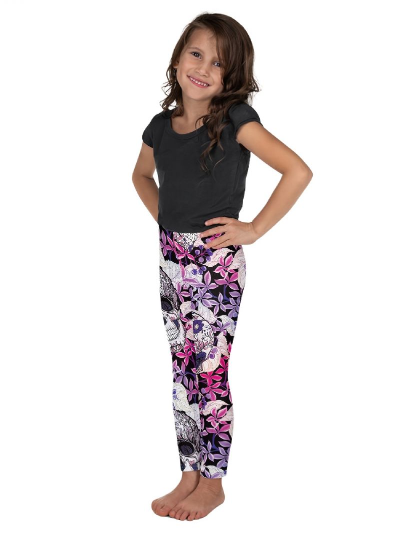 High Stretch Mjuka Leggings För Flickor Blanda Rosa Violett Blomma Skallar Print