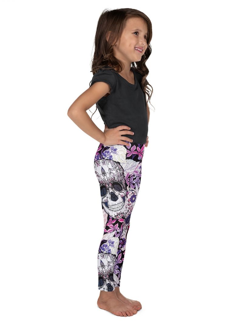 High Stretch Mjuka Leggings För Flickor Blanda Rosa Violett Blomma Skallar Print