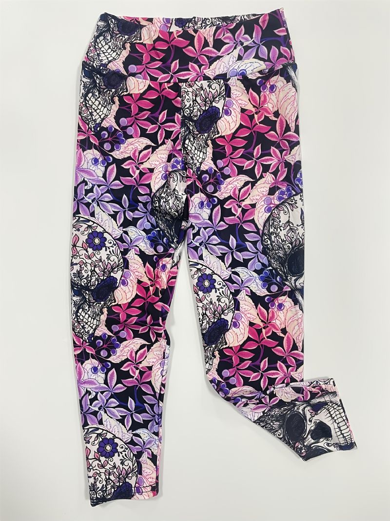 High Stretch Mjuka Leggings För Flickor Blanda Rosa Violett Blomma Skallar Print