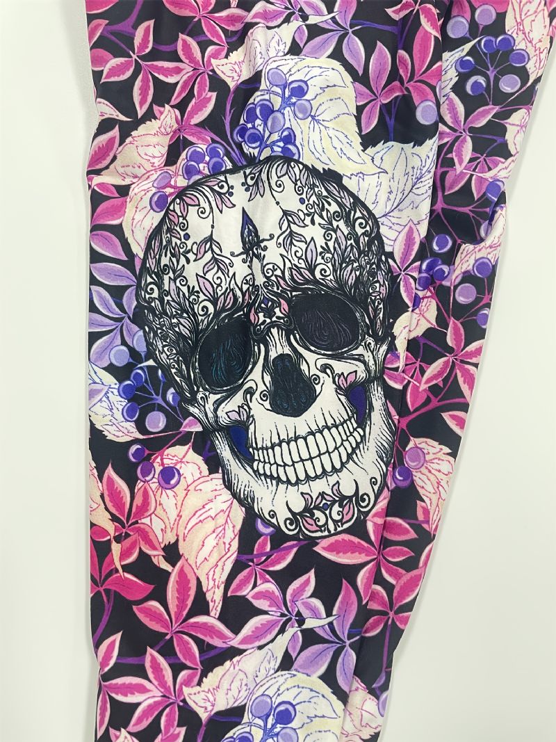 High Stretch Mjuka Leggings För Flickor Blanda Rosa Violett Blomma Skallar Print