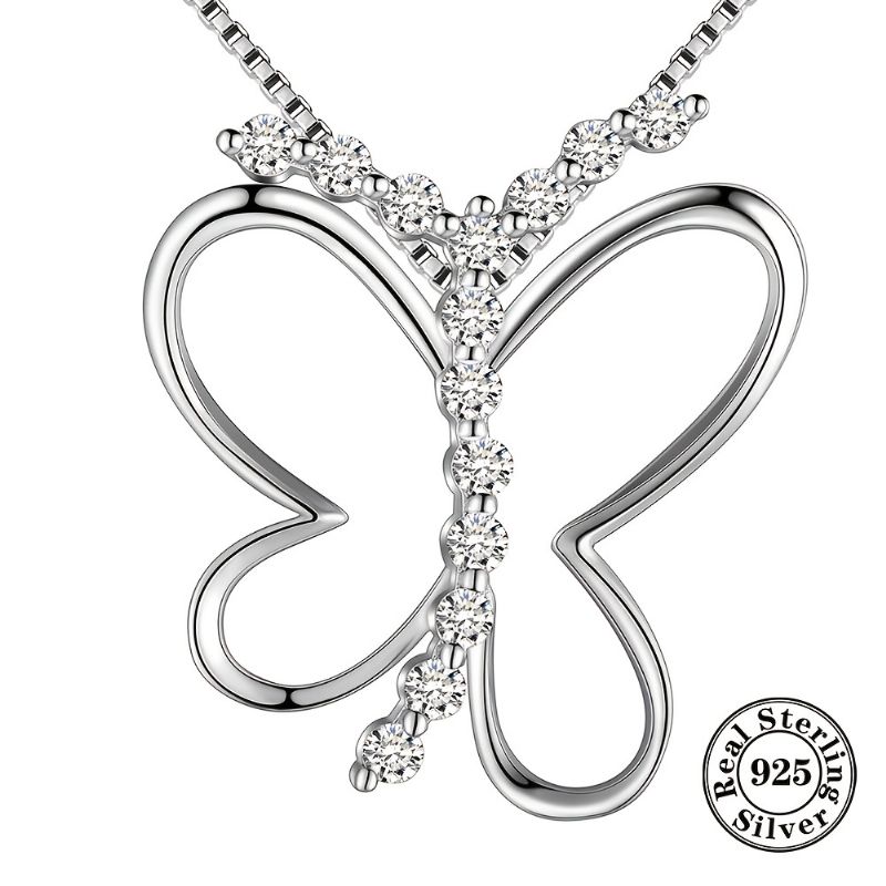 925 Sterling Sliver Butterfly Halsband Kristall Hänge Vit Cz Smycken Present Till Kvinnor Tjejer