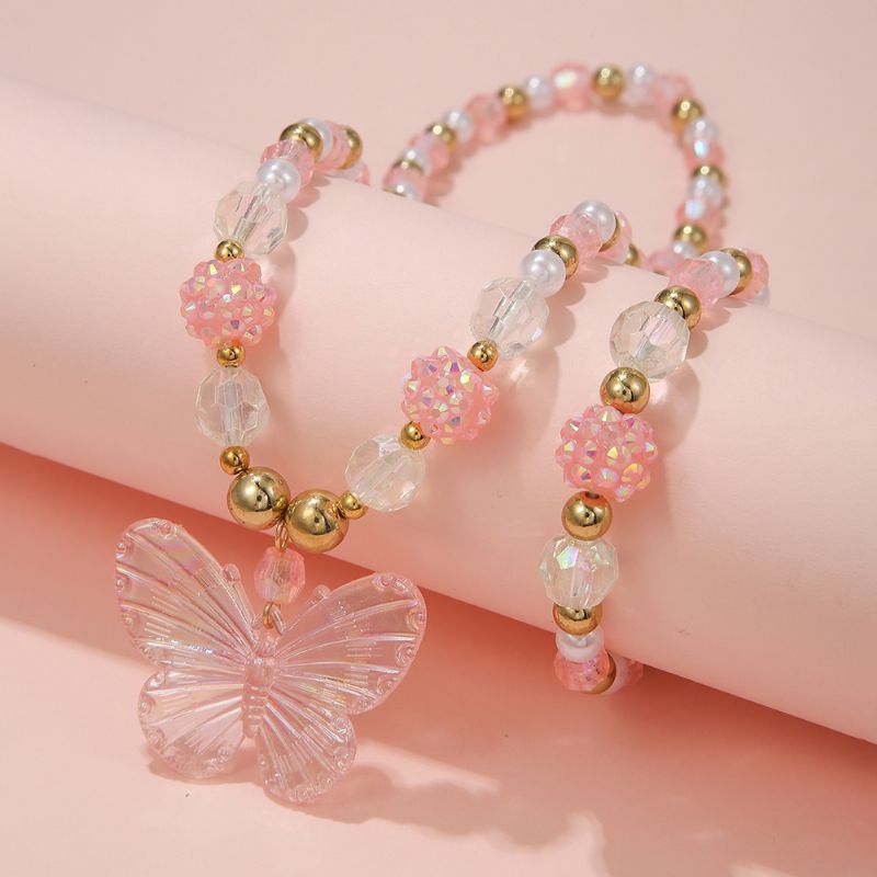 Barn Halsband Set Butterfly Akryl Hänge Pärlor Elastiskt Armband Set