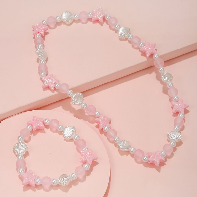 Flickor Halsband Set Vit Skal Rosa Star Stretch Beads Armband Set