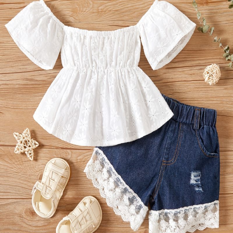 Bebis Flickor Off Shoulder Spets Top + Denim Shorts Bebiskläder