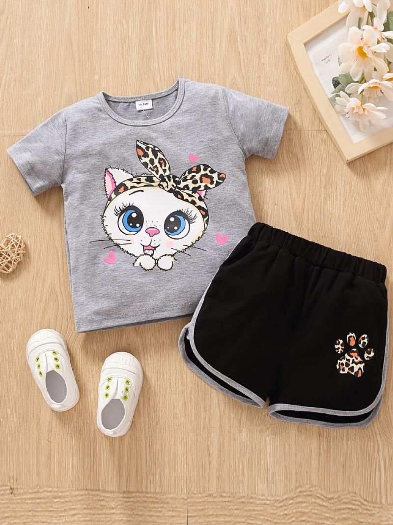 Bebis Flickor Tecknad Big Eye Cat Print T-shirt Top & Cat Paw Leopard Shorts Set Sommar Outfit Barn Kläder