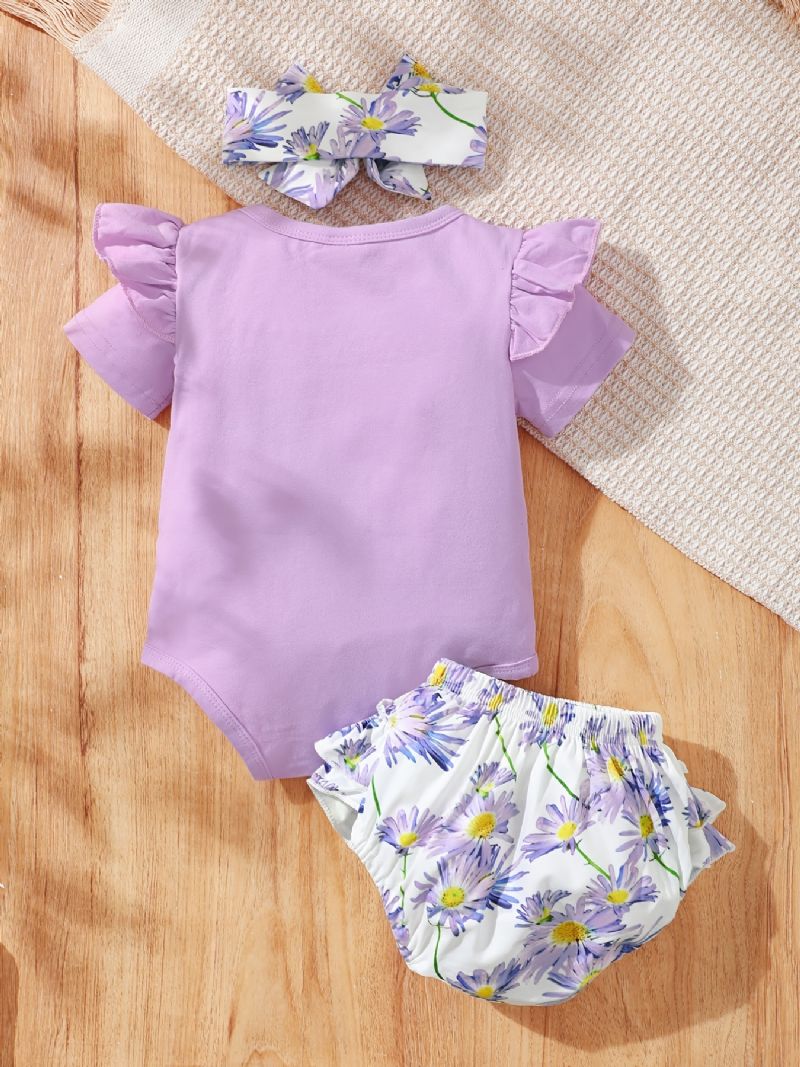 Bebisflickor Med Volanger Med Rund Hals + Blommigt Tryck Underdelar Shorts + Pannbandset Bebiskläder Bodysuit Onesie