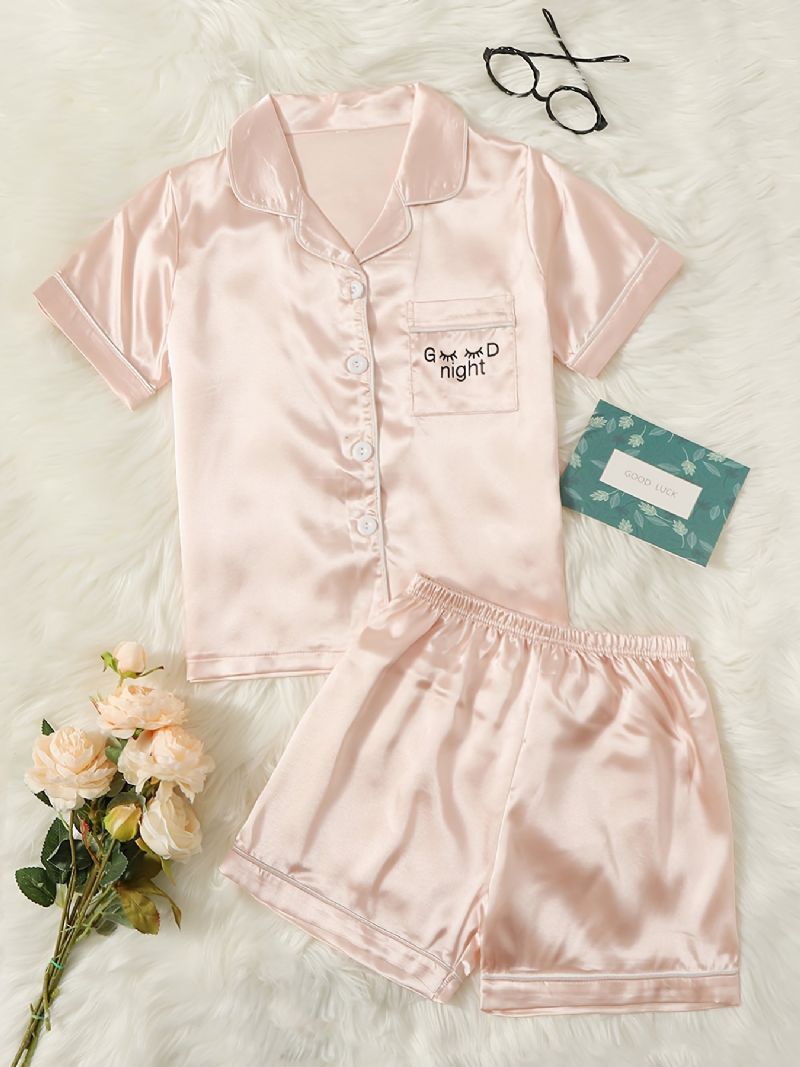 Flickor Satin Lounge Wear Homewear Kortärmad Top & Matchande Shorts Set