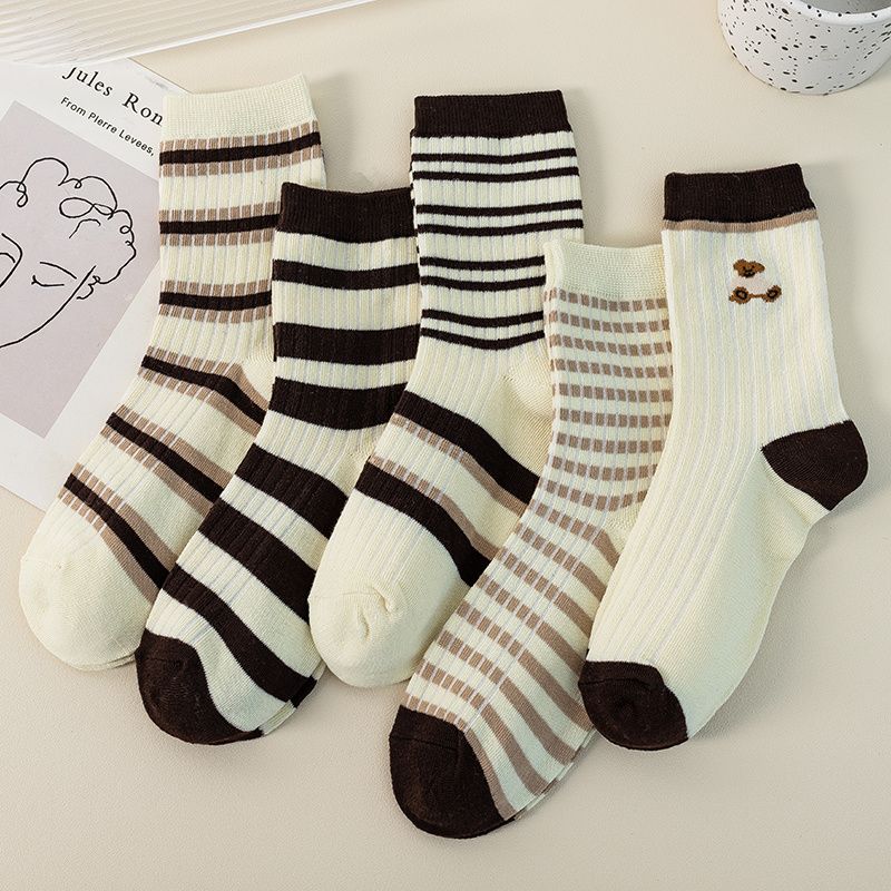 5 Par Barnstrumpor Cartoon Bear Print Stripes Crew Socks För Pojkar Flickor