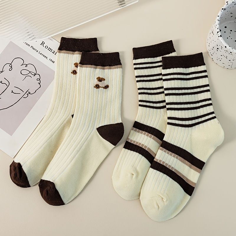 5 Par Barnstrumpor Cartoon Bear Print Stripes Crew Socks För Pojkar Flickor